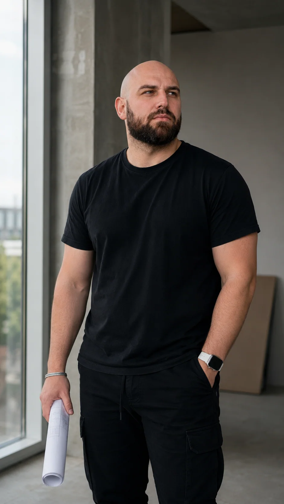 Mark Tsalenchuk, Gr&uuml;nder von Luftbildwelt, mit Bauplan in einem modernen Geb&auml;ude