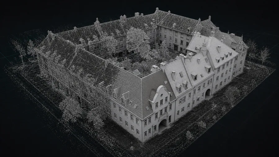 Visualisierte Geb&auml;udeerfassung als monochromes 3D-Drahtmodell und Punktwolke