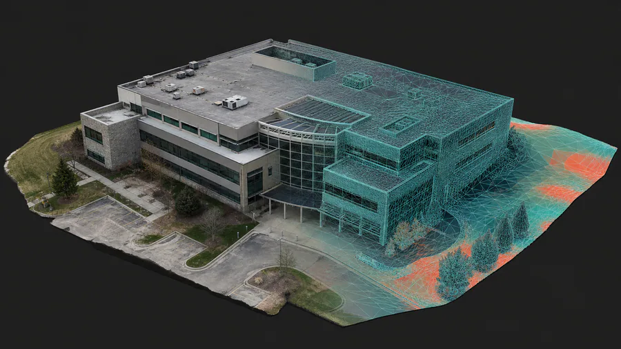 Visualisierte Photogrammetrie eines Geb&auml;udes mit texturierter Oberfl&auml;che und farbiger 3D-Netzstruktur